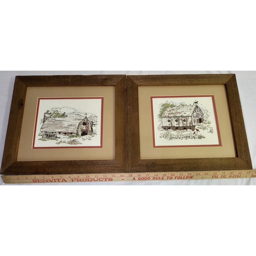 2 Embroidery Handmade Framed Needlework Barn Scenes Folk Art Country Farmhouse - Picture 7 of 10